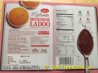 Haldiram Motichoor Ladoo Nutrition image © OaktreeRoad.us