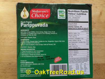 Maharani Choice Parippuvada Nutrition image © OaktreeRoad.us